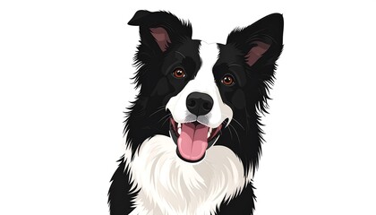 Fototapeta premium A vector illustration presents a close-up portrait of a black and white dog. It has an open mouth, pink tongue, and brown eyes
