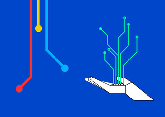 A Hand Lifting Electronic Circuit Pattern Symbolizing Future Tech Innovation, Vector illustration