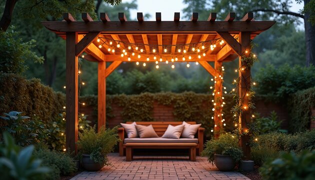 Romantic wooden pergola with glowing string lights brightens garden patio at dusk. Comfortable bench with pillows provides relaxing outdoor seating. Green plants create serene evening atmosphere, - Powered by Adobe