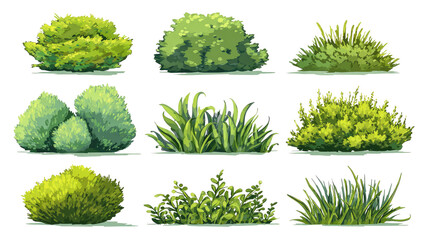 Nine stylized depictions of various bushes and grasses.  Each is a different shape and shade of green,  in a  grid layout