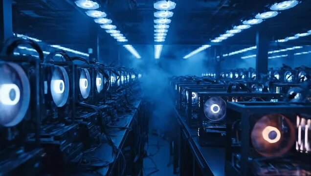 An immersive scene unfolds within a vast data center, with rows of illuminated servers humming quietly, enveloped in a cool blue hue.