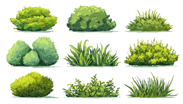 Nine stylized depictions of various bushes and grasses.  Each is a different shape and shade of green,  in a  grid layout
