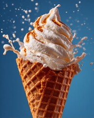 Soft serve ice cream cone against bright blue background, minimalist food concept celebrating summer sweetness and playful color contrast