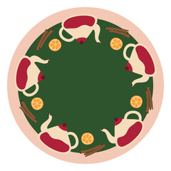 Teapot, Cinnamon sticks, Orange. Kitchen Wreath on green background. Tea party, Citrus slice and spices. Glass kettle, tea utensils. Cozy home round frame, ornament. Flat design. Vector illustration