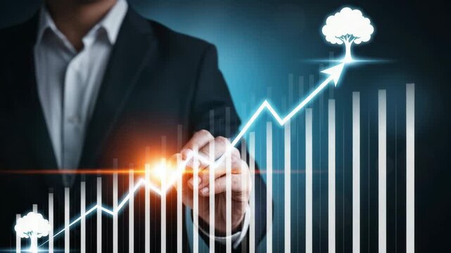 Business growth and success illustrated by a growing tree and upward trend graph