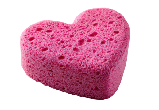 A close-up of a heart-shaped pink sponge.  The sponge is textured with numerous small, dimpled holes, giving it a porous appearance.  A vibrant, rosy pink hue covers the entire sponge. 