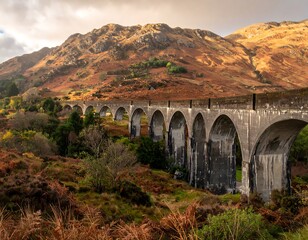 A scenic view of a stone viaduct traversing a valley, with mountains in the background, and autumn foliage. The sky is overcast