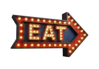 Vintage red and blue marquee arrow sign with illuminated light bulbs spelling the word EAT, isolated on a clean white background