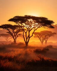 African savanna under glowing orange sunset, acacia trees casting long shadows in tranquil nature landscape filled with harmony and golden tones