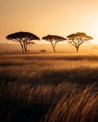 Golden African sunset with acacia trees in open savanna, minimalistic and captivating nature scene evoking peace and natural wonder