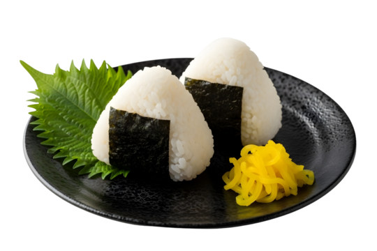 Two japanese onigiri rice balls with seaweed and pickled ginger isolated on transparent background