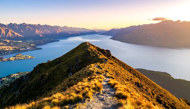 A stunning panorama of a mountain ridge leading to a scenic lake, bathed in warm golden sunlight during sunset. Mountains and landscape