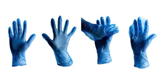 Four pairs of blue disposable gloves, highlighted against a black background.  Each glove shows different hand positions, displaying the form and fit