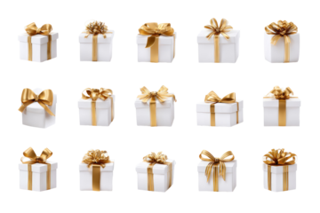 Twelve white gift boxes, adorned with gold ribbons and bows
