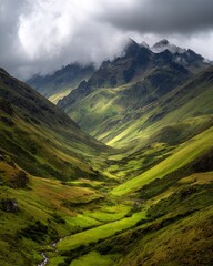 Rolling green hills and mountains under soft daylight, calm scenic nature landscape reflecting harmony and freshness in environmental photography