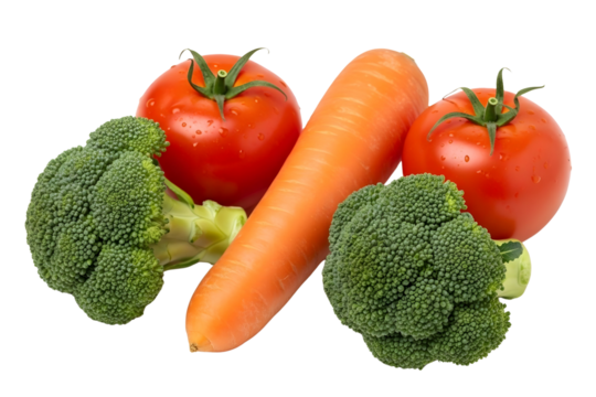 Fresh broccoli tomatoes and carrot isolated on transparent background