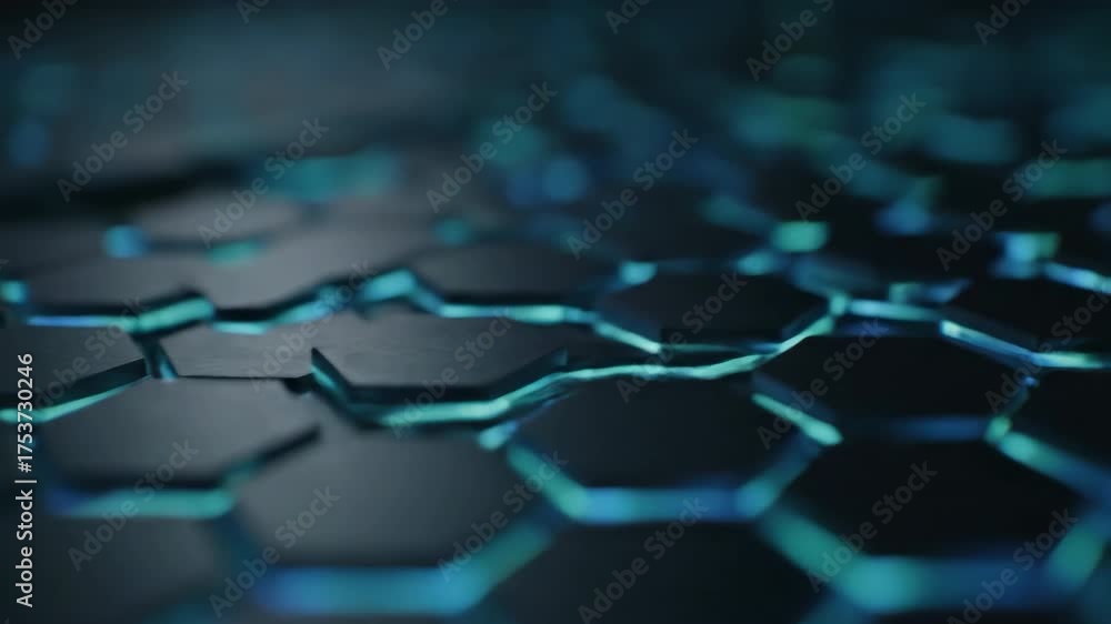 Wall mural shallow depth of field close-up shot of a softly glowing futuristic hexagonal grid pattern, with a s
