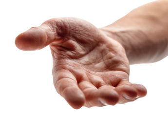 Close-up of an outstretched human hand.  Palm open, fingers slightly curved,  showing skin texture and detail.  Dark background