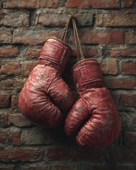 Weathered red boxing gloves hanging on rustic brick wall, evocative sports imagery reflecting perseverance, tradition, and the raw character of combat training