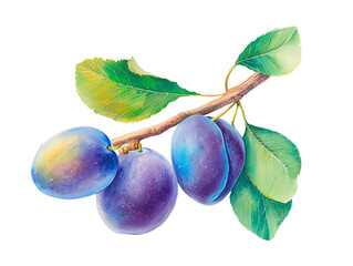 Watercolor plum branch with leaves, detailed botanical illustration, isolated on white