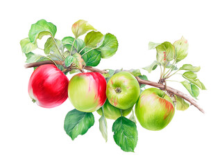 Watercolor branch with red and green apples, botanical illustration, isolated on white