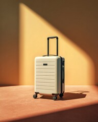 Stylish beige carry-on suitcase standing on neutral background, modern travel lifestyle concept showcasing minimal design and mobility essentials