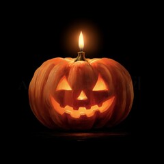Glowing carved Halloween pumpkin in a dark room illuminated by candlelight, festive autumn decor symbolizing spooky celebration and seasonal warmth