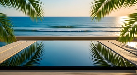 Obraz premium Infinity pool overlooking the ocean at sunset with palm leaves framing the view, creating a tranquil tropical paradise scene