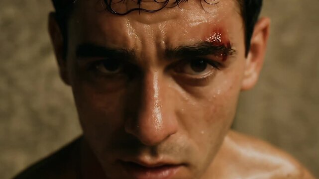 Boxer with Bloody Face After Fight (seamless loop)