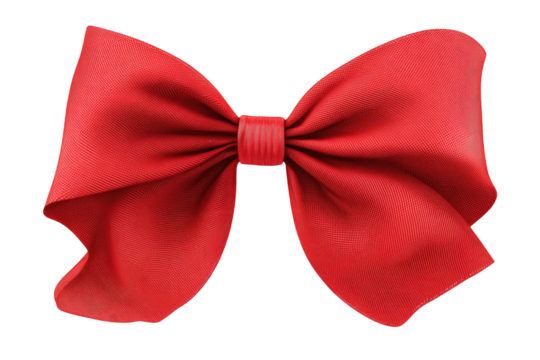A vibrant, crimson red bow, sharply outlined, appears against a black background.  The bow's smooth, satin-like texture is depicted in detail