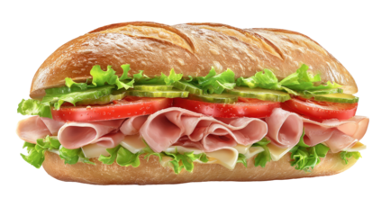 A long sandwich, filled with ham, cheese, lettuce, tomato, and pickles.  The crusty bread is golden brown