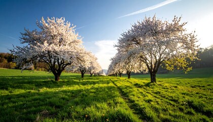 Obraz premium A scenic view showcases an alley of blossoming trees. Sunlit, lush green grass leads the eye toward the bright blue sky. The light is golden
