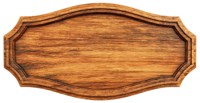 Oval wooden sign, light brown, ornate frame