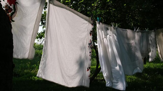 Pretty Housewife Hanging Up Clean Bed Sheets On Clothesline in Countryside in summer day. High quality 4k footage