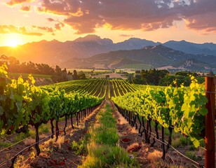 Fototapeta premium A scenic vineyard during sunset. Lush green grapevines stretch toward the horizon, with mountains in the background and golden sunlight