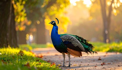 A stunning peacock poses regally on a sunlit path, its vibrant blue and green plumage contrasting with autumnal foliage. The scene exudes warmth