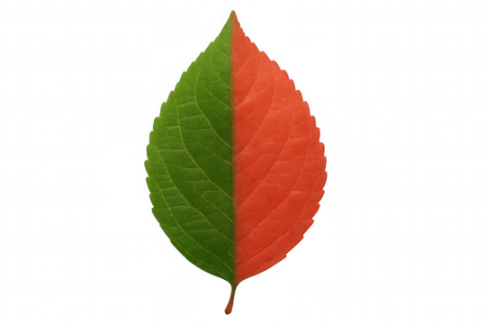 Half green and half red leaf symbolizing season change and nature transition, transparent background - Powered by Adobe