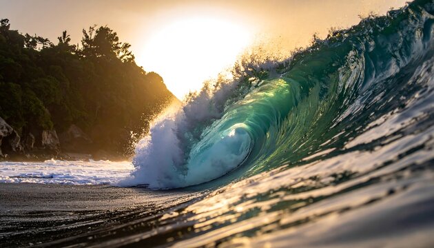 A stunning photo captures the moment a large ocean wave is about to break, revealing its crystalline interior as the sun sets