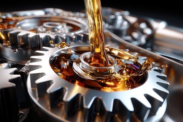 Golden liquid oil streams down onto intricate metal engine gears, creating a vibrant splash of lubrication. This close up shows fluid flowing within a powerful mechanical system,