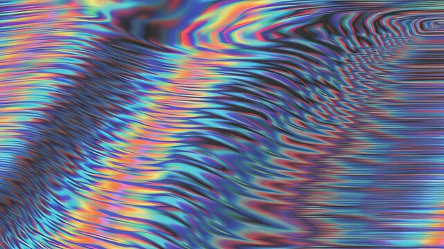Colorful abstract digital wave pattern with iridescent color spectrum. Horizontal and diagonal camera panning creating dynamic visual distortion. Glitch loop with wavy lines and color shifts.