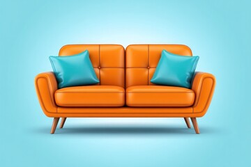 Fototapeta premium Orange two seater sofa displaying vibrant blue cushions on light blue background