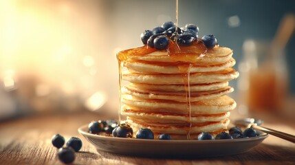 Delicious stack of pancakes drizzled with syrup and topped with fresh blueberries