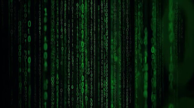 Digital rain of green binary code on a black background, creating a futuristic, abstract visual