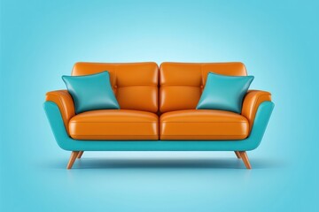 Fototapeta premium Orange two seater couch with blue accents, featuring two throw pillows on light blue background.