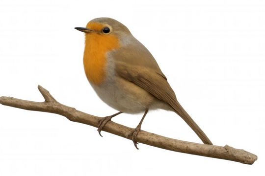 European robin bird perching on a branch, looking left, featuring its distinctive red breast on transparent background
