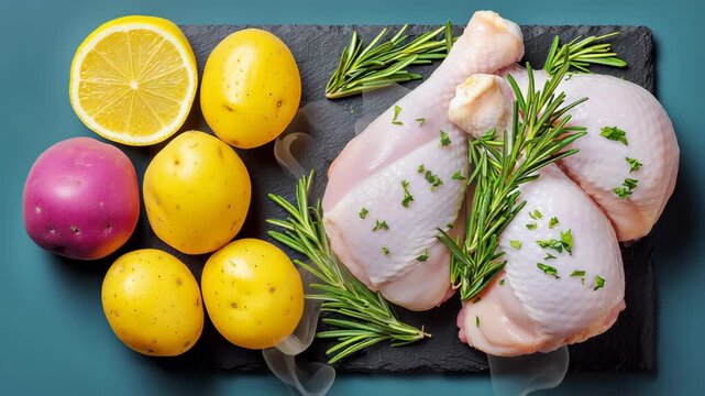 Fresh ingredients displayed on a slate board featuring chicken drumsticks, vibrant lemons, and assorted potatoes, showcasing a culinary preparation scene with a gradual zoom in on the textures and col