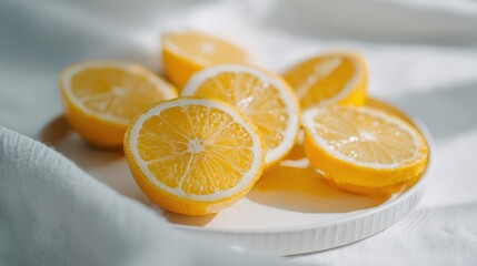 Freshly cut lemon halves displayed on white plate with soft natural lighting