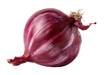 Close-up of a vibrant red onion, whole, isolated on black.  The onion's skin shows swirling patterns of deep crimson and lighter reddish-white hues.  A small tuft of roots is visible at the top.  