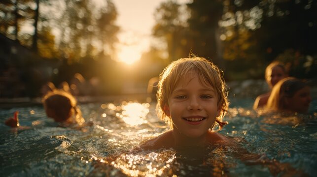 Happy boy swimming with friends in outdoor pool at sunset, smiling and enjoying playful summer moment surrounded by warm golden light and sparkling water during fun family activity - Powered by Adobe