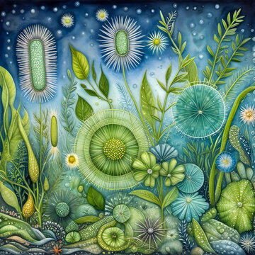 Abstract Watercolor Illustration of A lush microecosystem with euglena, diatoms, and dinoflagellates depicted as delicate plants and flowers in an imaginary undermicroscope world.